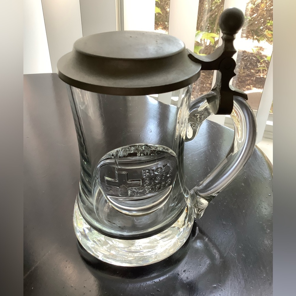 Vintage Heavy Glass Beer Stein With Pewter Lid